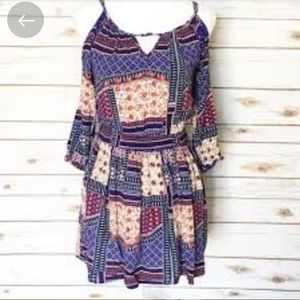 NWT Boho Blue Patchwork Cold Shoulder Dress